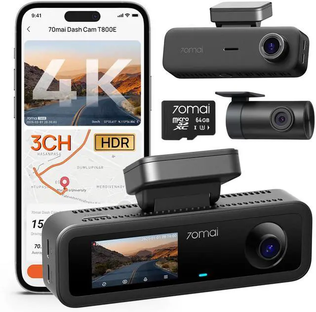 Main image of 4K Dash Cam Front and Rear Inside, 3 Channel Car Dash Camera for Cars, Dashcam with GPS, Wi-Fi 6, Voice Control, Parking Monitor, Night Vision, Loop Recording, 64GB SD Card Included (T800E)