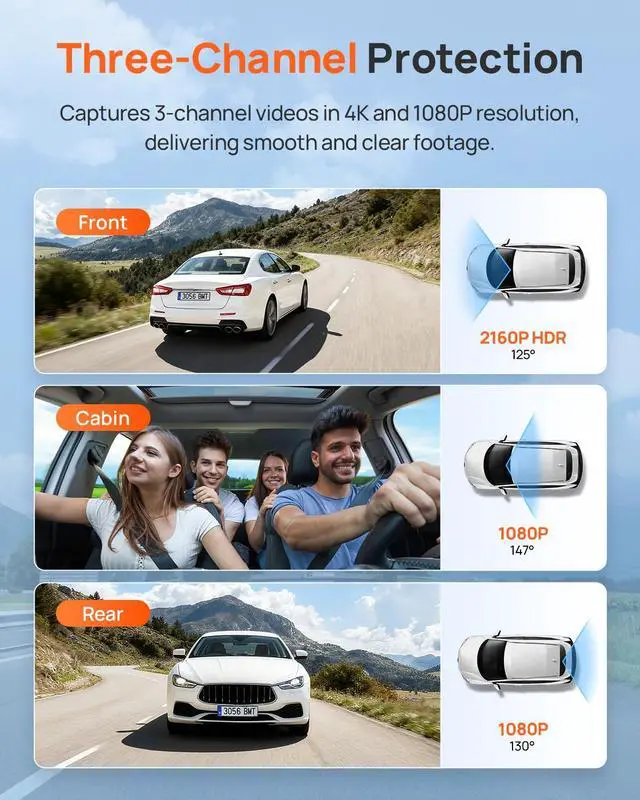 Alt view image 2 of 7 - 4K Dash Cam Front and Rear Inside, 3 Channel Car Dash Camera for Cars, Dashcam with GPS, Wi-Fi 6, Voice Control, Parking Monitor, Night Vision, Loop Recording, 64GB SD Card Included (T800E)