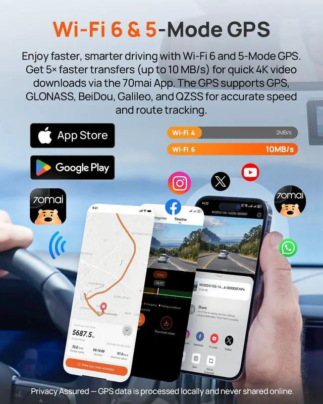 Alt view image 5 of 7 - 4K Dash Cam Front and Rear Inside, 3 Channel Car Dash Camera for Cars, Dashcam with GPS, Wi-Fi 6, Voice Control, Parking Monitor, Night Vision, Loop Recording, 64GB SD Card Included (T800E)