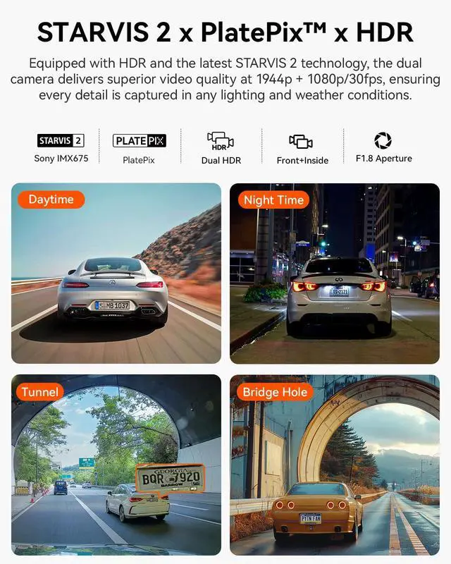 Alt view image 2 of 7 - N2X 2.7K Dash Cam Front and Inside, STARVIS 2 PlatePix Car Camera | IMX675 Sensor, HDR+IR Night Vision, F/1.8 Aperture, 5G WiFi & GPS, 60fps, App/Voice Control, G-Sensor, 24/7 Parking Mode