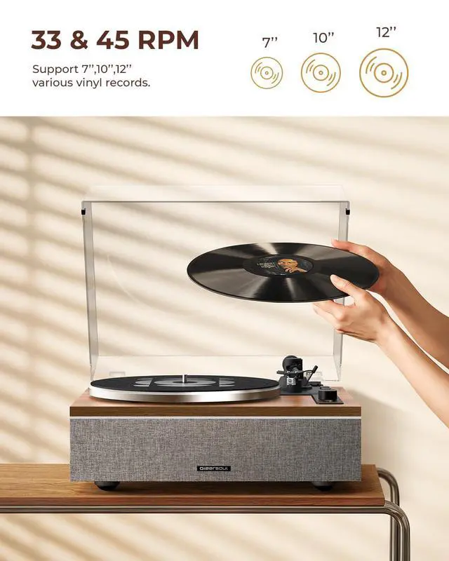 Alt view image 2 of 6 - ONE-S Vinyl Record Player with Bluetooth Input/Output | All-in-One Vintage Turntable Built in Speakers, Phono Preamp & DSP, AT-3600L Cartridge, 33/45 RPM (Walnut)