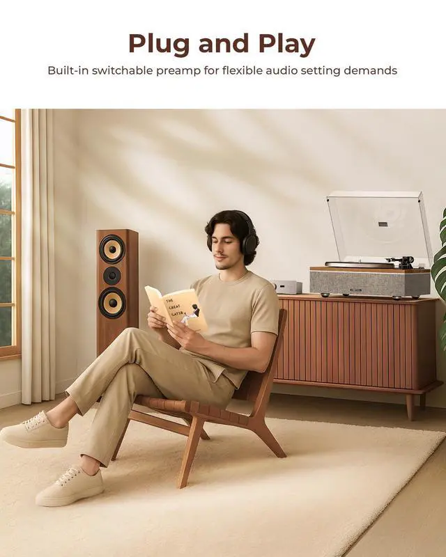 Alt view image 5 of 6 - ONE-S Vinyl Record Player with Bluetooth Input/Output | All-in-One Vintage Turntable Built in Speakers, Phono Preamp & DSP, AT-3600L Cartridge, 33/45 RPM (Walnut)