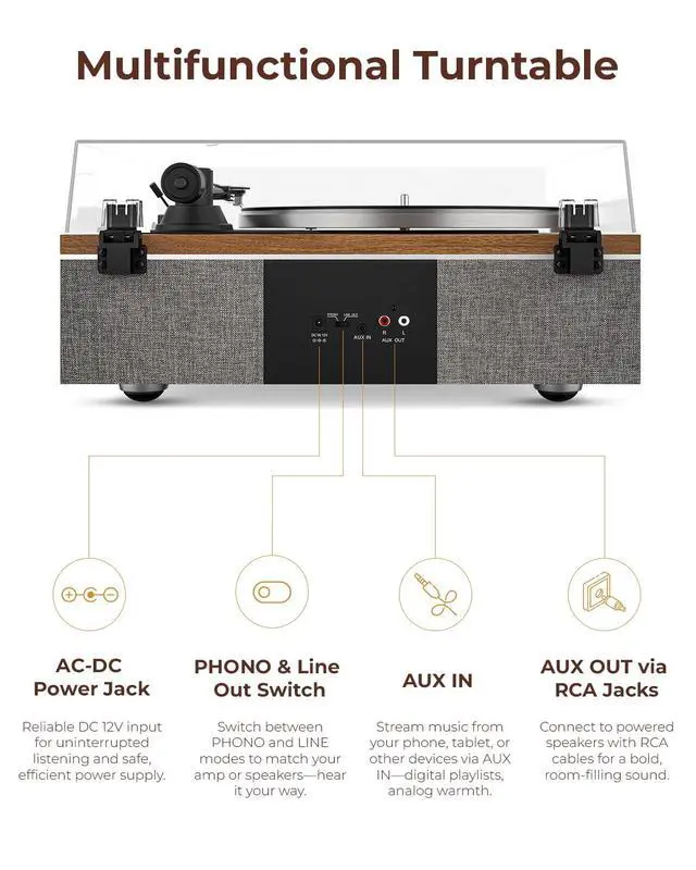 Alt view image 6 of 6 - ONE-S Vinyl Record Player with Bluetooth Input/Output | All-in-One Vintage Turntable Built in Speakers, Phono Preamp & DSP, AT-3600L Cartridge, 33/45 RPM (Walnut)