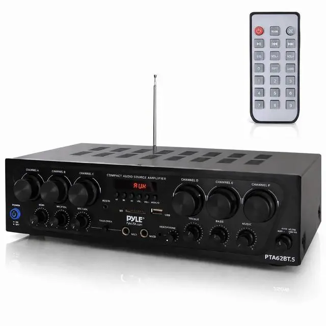 Main image of Bluetooth Wireless Home Amplifier System - Upgraded 6 Channel Audio, 750 Watt Power, Easy Karaoke, Stereo Receiver w USB-A, Micro SD, Headphone, 2 Microphone Input w/Echo, Talkover for PA