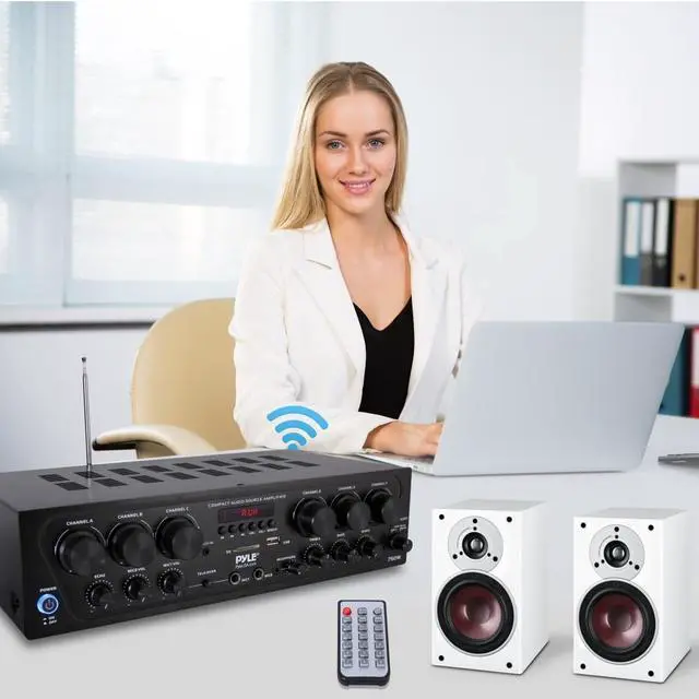 Alt view image 2 of 7 - Bluetooth Wireless Home Amplifier System - Upgraded 6 Channel Audio, 750 Watt Power, Easy Karaoke, Stereo Receiver w USB-A, Micro SD, Headphone, 2 Microphone Input w/Echo, Talkover for PA