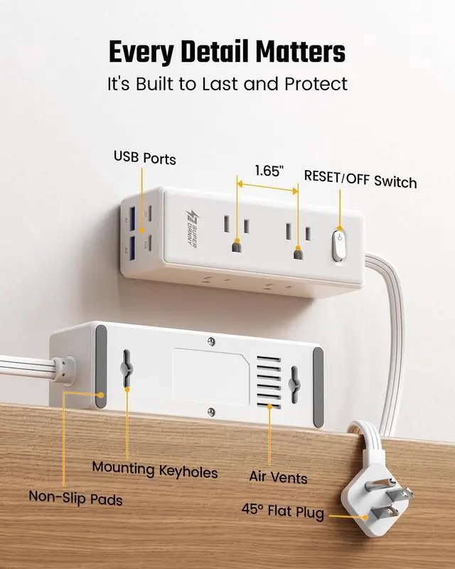 Alt view image 7 of 7 - 15 Ft Extension Cord with Multiple Outlets, Long Extension with 6 Outlets 4 USB Ports(2 USB C), Flat Plug Surge Protector Power Strip for Home, Office Supplies, Dorm Essentials