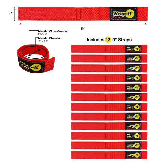 Alt view image 3 of 7 - Quick-Strap Cord Wraps, 9 inch (12 Pack) Red | Hook and Loop Strap, Extension Cord Holder Gifts for Boat, Rope, Hose, and Cable Storage and Organization