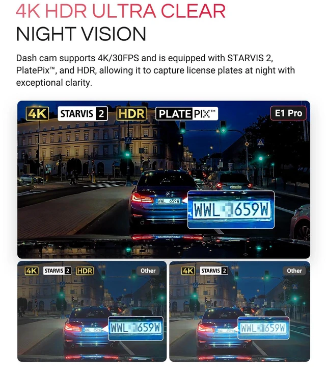 Alt view image 3 of 7 - E1 Pro 4K Mini Dash Cam Front, STARVIS 2 PlatePix HDR Night Vision Car Camera, Built-in 5G WiFi GPS, 1.54'' IPS Screen, Voice Control, 24/7 Buffered Parking Mode, Support 1TB Max