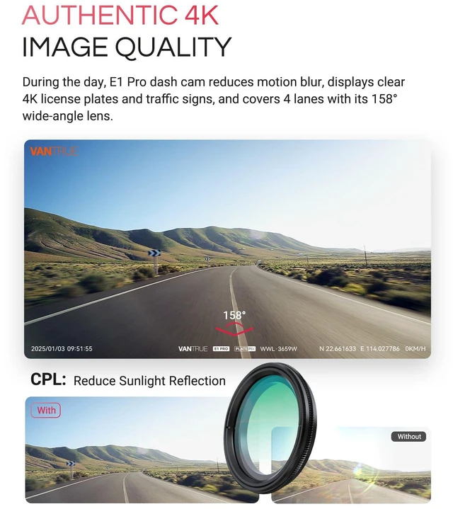 Alt view image 4 of 7 - E1 Pro 4K Mini Dash Cam Front, STARVIS 2 PlatePix HDR Night Vision Car Camera, Built-in 5G WiFi GPS, 1.54'' IPS Screen, Voice Control, 24/7 Buffered Parking Mode, Support 1TB Max
