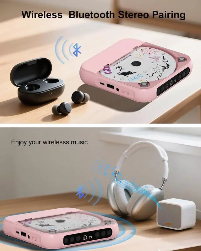Alt view image 3 of 7 - CD Player Portable with Dual Stereo Speakers, Rechargeable Portable CD Player with Bluetooth for Home with Headphones, Support CD/AUX/USB,Pink