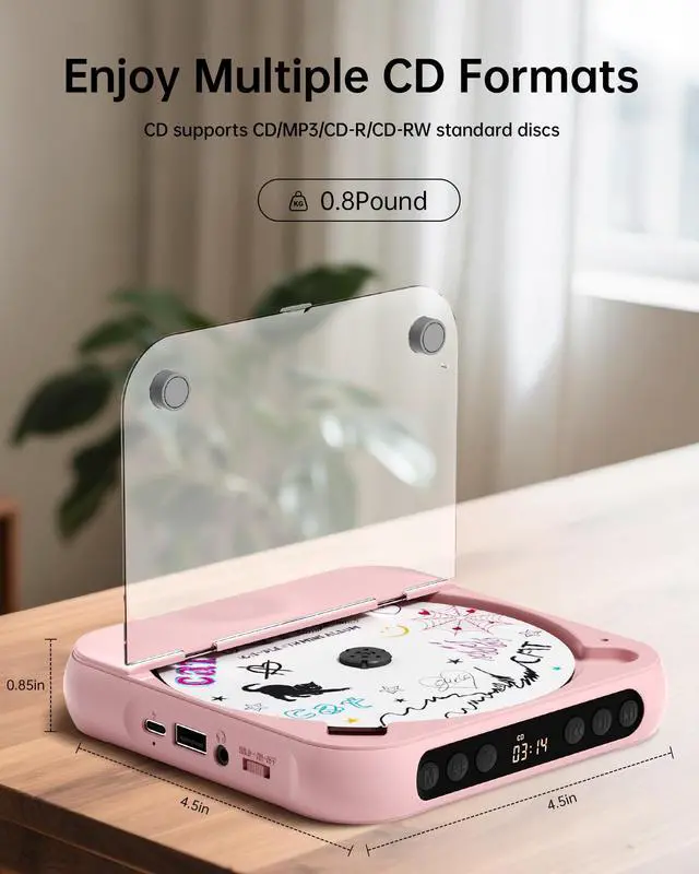 Alt view image 4 of 7 - CD Player Portable with Dual Stereo Speakers, Rechargeable Portable CD Player with Bluetooth for Home with Headphones, Support CD/AUX/USB,Pink