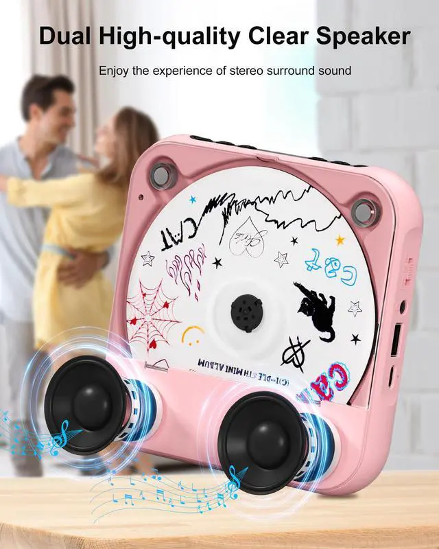 Alt view image 5 of 7 - CD Player Portable with Dual Stereo Speakers, Rechargeable Portable CD Player with Bluetooth for Home with Headphones, Support CD/AUX/USB,Pink