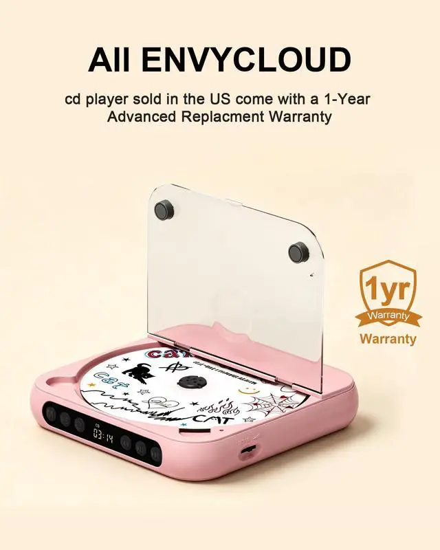 Alt view image 6 of 7 - CD Player Portable with Dual Stereo Speakers, Rechargeable Portable CD Player with Bluetooth for Home with Headphones, Support CD/AUX/USB,Pink