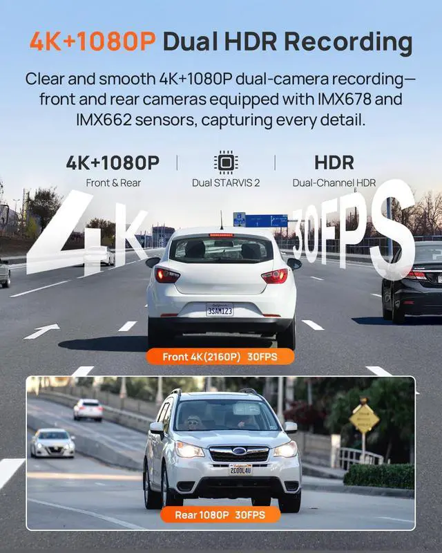 Alt view image 2 of 7 - 4K Dash Cam Front and Rear, 4K+1080P Dual STARVIS 2 Car Dash Camera for Cars, 4G LTE Remote Access, AI Motion Detection, WiFi 6, 5 GPS, 24H Parking Mode, HDR Night Vision, Voice Control, ADAS