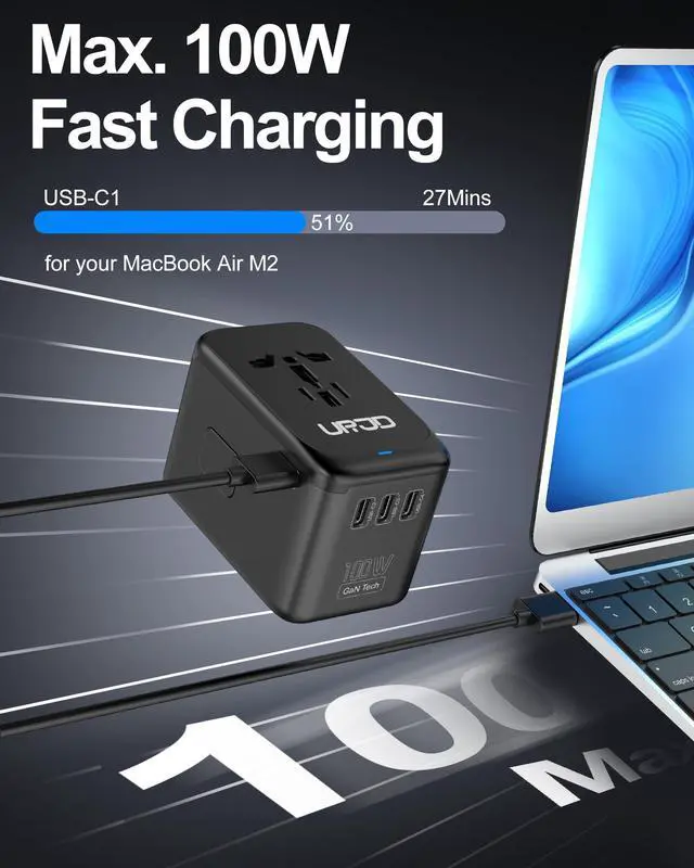 Alt view image 2 of 6 - Universal Travel Adapter 100W GaN Fast Charger in One for Europe UK US | 5 USB C/A Ports + 2500W AC Outlet, For MacBook iPhone iPad Laptop Phone, International Power Adapter for 200+ Countries
