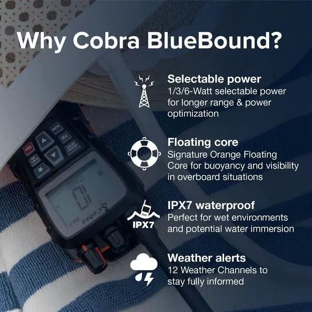 Alt view image 2 of 7 - BlueBound 350 VHF Handheld Marine Radio, Black 6-Watt, Floats | Long Range, NOAA Weather Alerts, International Functionality, IPX7 Waterproof, USB-C, Submersible, LCD Screen, Belt Clip