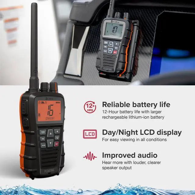 Alt view image 3 of 7 - BlueBound 350 VHF Handheld Marine Radio, Black 6-Watt, Floats | Long Range, NOAA Weather Alerts, International Functionality, IPX7 Waterproof, USB-C, Submersible, LCD Screen, Belt Clip
