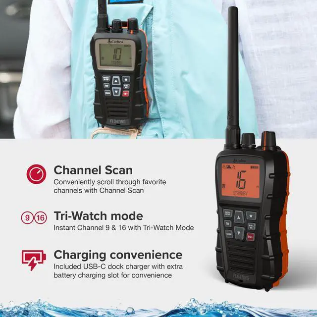 Alt view image 4 of 7 - BlueBound 350 VHF Handheld Marine Radio, Black 6-Watt, Floats | Long Range, NOAA Weather Alerts, International Functionality, IPX7 Waterproof, USB-C, Submersible, LCD Screen, Belt Clip