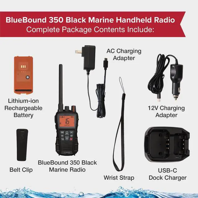 Alt view image 6 of 7 - BlueBound 350 VHF Handheld Marine Radio, Black 6-Watt, Floats | Long Range, NOAA Weather Alerts, International Functionality, IPX7 Waterproof, USB-C, Submersible, LCD Screen, Belt Clip