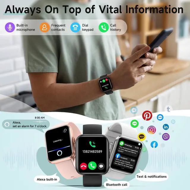 Alt view image 2 of 7 - Smart Watch for Men Women, 1.8" Fitness Tracker for Android & iPhone, Answer/Make Calls, Alexa Built-in, Heart Rate/Sleep/SpO2 Monitor Smartwatch, 3ATM Waterproof Watches, 101+ Sport Modes, 2 Bands