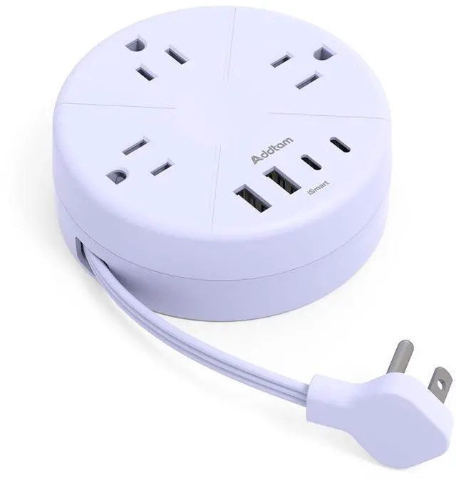 Main image of Travel Essentials Power Strip with USB C, Purple Cruise Approved Power Strip, 3 Outlets 4 USB Ports, 5ft Retractable Extension Cord for Travel, Dorm Room, Hotel, Cruise Ship Accessories