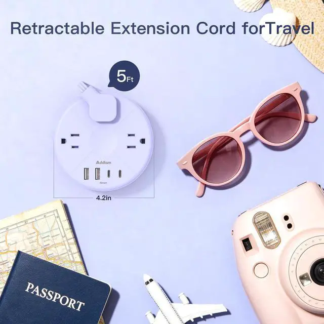 Alt view image 2 of 7 - Travel Essentials Power Strip with USB C, Purple Cruise Approved Power Strip, 3 Outlets 4 USB Ports, 5ft Retractable Extension Cord for Travel, Dorm Room, Hotel, Cruise Ship Accessories