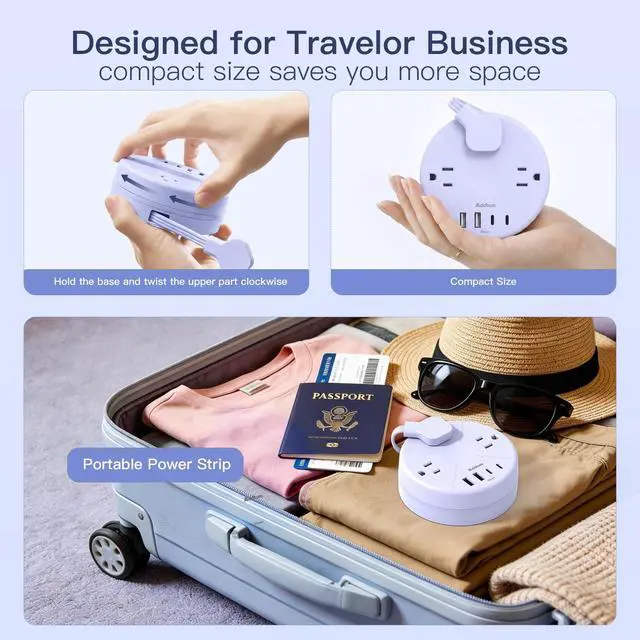 Alt view image 5 of 7 - Travel Essentials Power Strip with USB C, Purple Cruise Approved Power Strip, 3 Outlets 4 USB Ports, 5ft Retractable Extension Cord for Travel, Dorm Room, Hotel, Cruise Ship Accessories