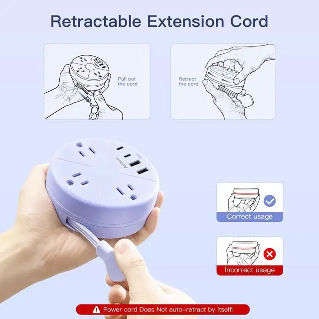 Alt view image 4 of 7 - Travel Essentials Power Strip with USB C, Purple Cruise Approved Power Strip, 3 Outlets 4 USB Ports, 5ft Retractable Extension Cord for Travel, Dorm Room, Hotel, Cruise Ship Accessories