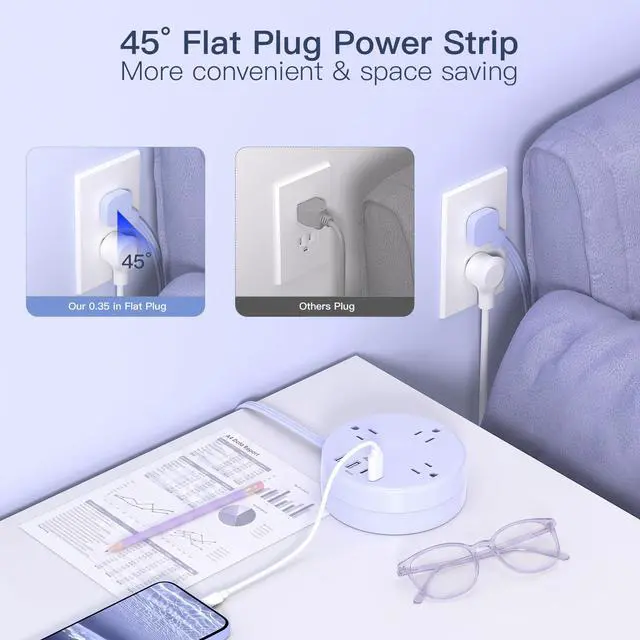 Alt view image 6 of 7 - Travel Essentials Power Strip with USB C, Purple Cruise Approved Power Strip, 3 Outlets 4 USB Ports, 5ft Retractable Extension Cord for Travel, Dorm Room, Hotel, Cruise Ship Accessories
