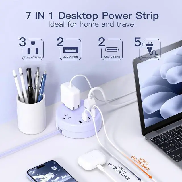 Alt view image 3 of 7 - Travel Essentials Power Strip with USB C, Purple Cruise Approved Power Strip, 3 Outlets 4 USB Ports, 5ft Retractable Extension Cord for Travel, Dorm Room, Hotel, Cruise Ship Accessories