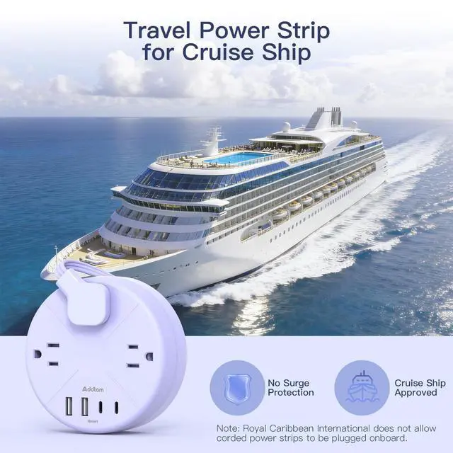 Alt view image 7 of 7 - Travel Essentials Power Strip with USB C, Purple Cruise Approved Power Strip, 3 Outlets 4 USB Ports, 5ft Retractable Extension Cord for Travel, Dorm Room, Hotel, Cruise Ship Accessories