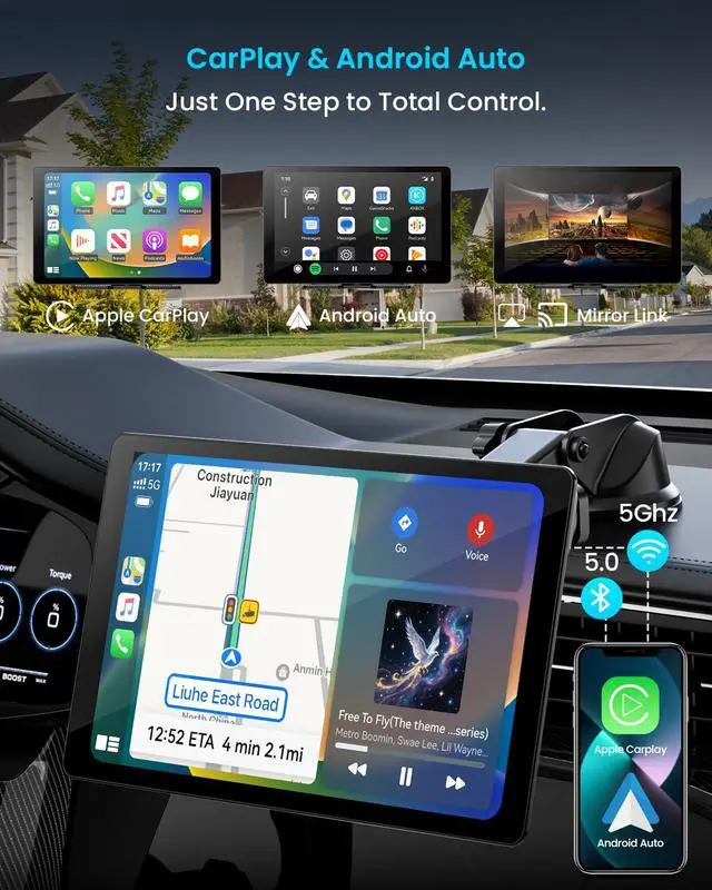 Alt view image 2 of 7 - iK11 11-Inch Wireless Apple CarPlay Screen, Android Auto, 4K Dash Cam | Ultra-Slim 0.16 Inch Touchscreen Car Stereo with1080p Backup Camera, GPS, Mirror Link, Voice Control