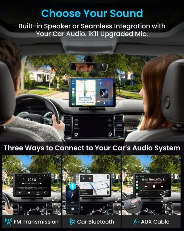 Alt view image 5 of 7 - iK11 11-Inch Wireless Apple CarPlay Screen, Android Auto, 4K Dash Cam | Ultra-Slim 0.16 Inch Touchscreen Car Stereo with1080p Backup Camera, GPS, Mirror Link, Voice Control