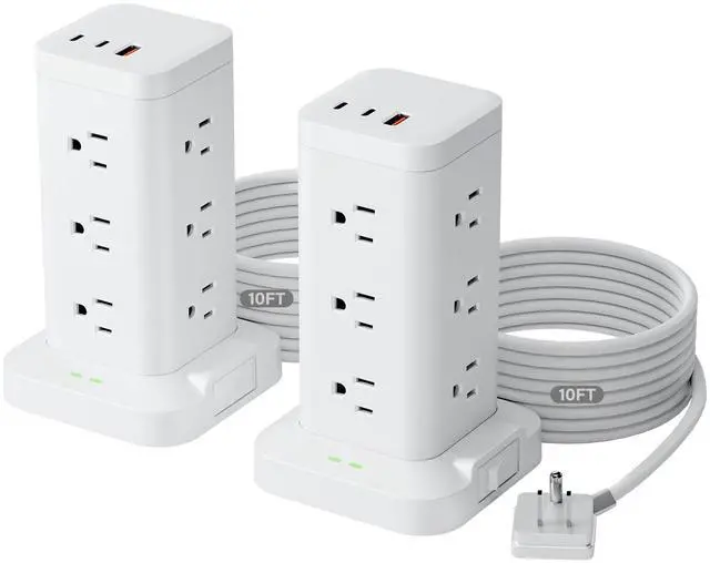Main image of 2Pack Power Strip Tower with Surge Protector 1800J, Fast Charging Tower PD20W USB-C Ports with 12 AC Outlets, 10ft Extension Cord for Home Office Dorm Room, White