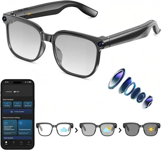 Main image of AI Smart Glasses with Camera,8MP Camera Glasses,1080P Anti-Shake Video Recording Glasses, Real Time Translation,AI Voice Assistant,Object Recognition,Bluetooth Sunglasses for Men Women (Photochromic)