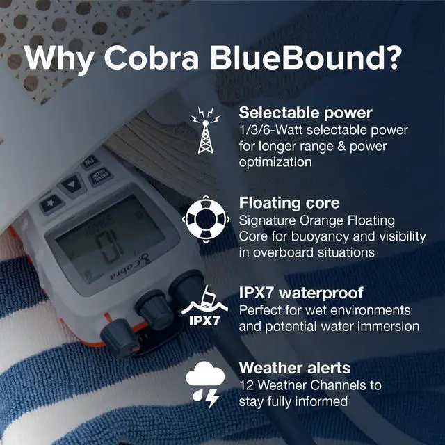 Alt view image 2 of 7 - BlueBound 350 VHF Handheld Marine Radio - White, 6-Watt, Floats | Long Range, NOAA Weather Alerts, International Functionality, IPX7 Waterproof, USB-C, Submersible, LCD Screen, Belt Clip