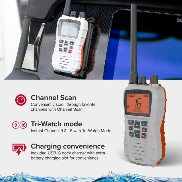 Alt view image 4 of 7 - BlueBound 350 VHF Handheld Marine Radio - White, 6-Watt, Floats | Long Range, NOAA Weather Alerts, International Functionality, IPX7 Waterproof, USB-C, Submersible, LCD Screen, Belt Clip