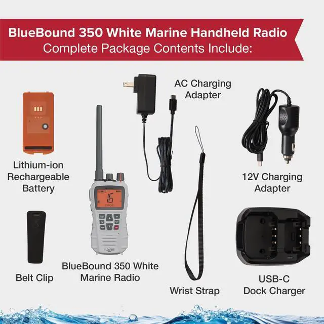 Alt view image 6 of 7 - BlueBound 350 VHF Handheld Marine Radio - White, 6-Watt, Floats | Long Range, NOAA Weather Alerts, International Functionality, IPX7 Waterproof, USB-C, Submersible, LCD Screen, Belt Clip