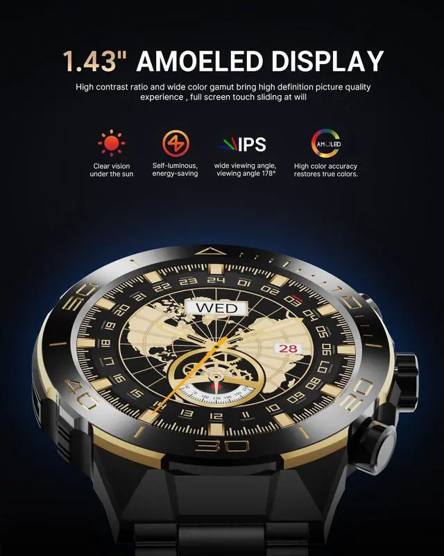 Alt view image 4 of 7 - Luxury Smart Watch for Men Bluetooth Call, 1.43" AMOLED, iOS/Android | 400mAh Heavy Duty Men's Smartwatch Heart Rate Blood Oxygen Blood Pressure Sleep Monitor Pedometer 2 Straps Fitness Tracker