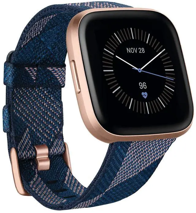 Main image of Versa 2 Special Edition Health and Fitness Smart Watch with Heart Rate, Music, Alexa Built-In, Sleep and Swim Tracking, Navy and Pink Woven/Copper Rose, One Size (S and L Bands Included), 2.3
