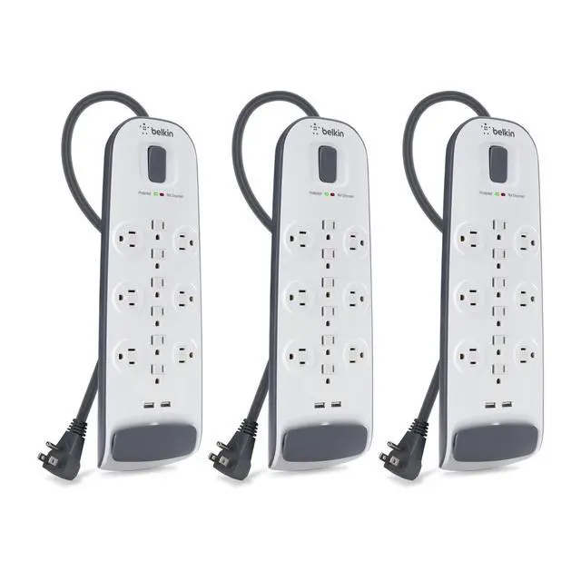 Main image of 12-Outlet USB Power Strip Surge Protector, Flat Plug, 6ft Cord (3,996 Joules), White - Pack of 3