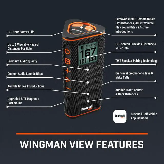 Alt view image 2 of 7 - Golf Wingman View Golf Speaker | GPS Audible & Visual Distances, Hazard Detection, Remote Control, Magnetic Cart Mount
