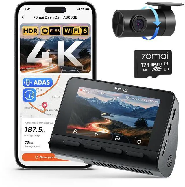 Main image of 4K Dash Cam Front and Rear, Built in Wi-Fi 6 & GPS Car Camera, Super Night Vision, ADAS, 3'' IPS Screen, 24H Parking Mode, Time-Lapse, Loop Recording, with 128GB Card (A800SE)