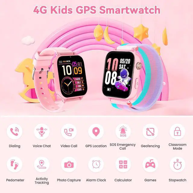 Alt view image 2 of 7 - 4G Kids Smart Watch Phone GPS, Smartwatch for Boys Girls Ages 4-12 Years with Video Call Chat Class Mode SOS Camera Alarm Games Parental App Touch Watch Gifts for Children (Includes SIM Card) Pink