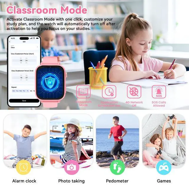 Alt view image 4 of 7 - 4G Kids Smart Watch Phone GPS, Smartwatch for Boys Girls Ages 4-12 Years with Video Call Chat Class Mode SOS Camera Alarm Games Parental App Touch Watch Gifts for Children (Includes SIM Card) Pink