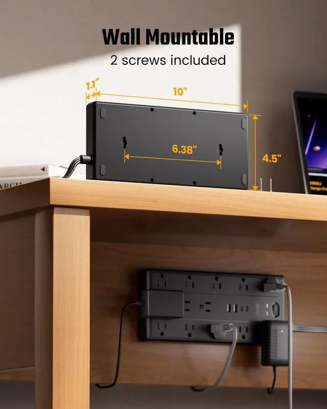 Alt view image 7 of 7 - 10Ft Extension Cord with Multiple Outlets, Flat Plug Power Strip | 2100J, 13AC 2 USB C 2 USB A Charging Ports, Surge Protector, Desk Charging Station, Home Office, College Dorm Room Essentials