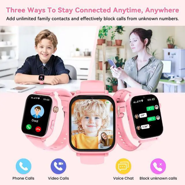 Alt view image 5 of 7 - 4G Kids Smart Watch Phone GPS, Smartwatch for Boys Girls Ages 4-12 Years with Video Call Chat Class Mode SOS Camera Alarm Games Parental App Touch Watch Gifts for Children (Includes SIM Card) Pink