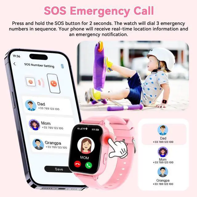 Alt view image 6 of 7 - 4G Kids Smart Watch Phone GPS, Smartwatch for Boys Girls Ages 4-12 Years with Video Call Chat Class Mode SOS Camera Alarm Games Parental App Touch Watch Gifts for Children (Includes SIM Card) Pink