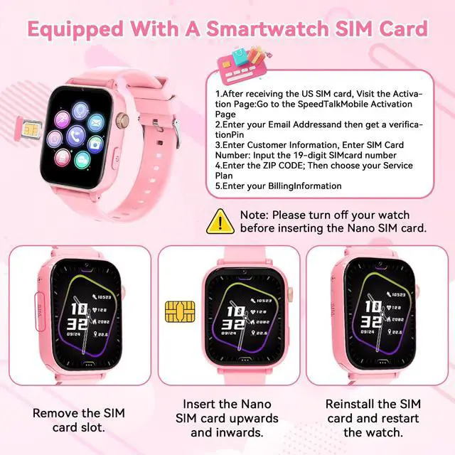 Alt view image 7 of 7 - 4G Kids Smart Watch Phone GPS, Smartwatch for Boys Girls Ages 4-12 Years with Video Call Chat Class Mode SOS Camera Alarm Games Parental App Touch Watch Gifts for Children (Includes SIM Card) Pink