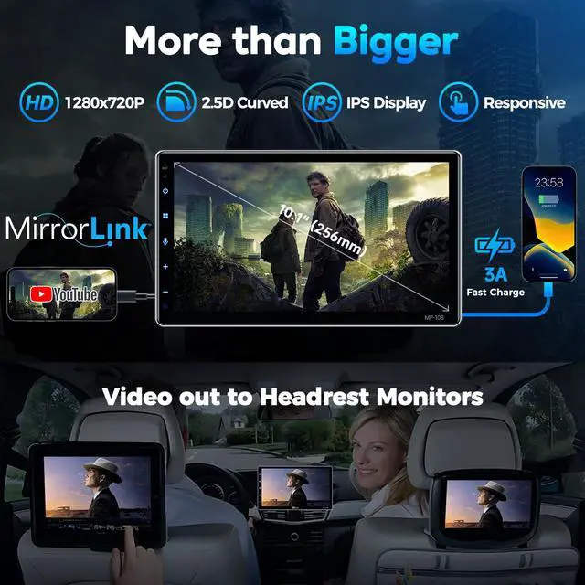 Alt view image 2 of 7 - 10.1" Wireless Single Din Car Radio Stereo with Apple Carplay Android Auto Touch Screen, Car Play Audio Receivers Headunit, Bluetooth 5.3, Backup Camera, 240W, 2 Subwoofers, Navigation, FM/AM, SWC